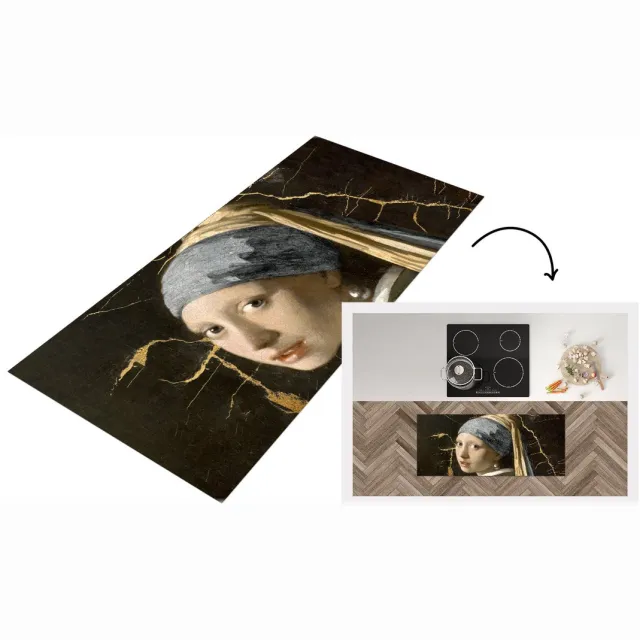 KitchenYeah Keukenloper - Loper keuken - Meisje met de parel - Marmer - Goud - Zwart - Keukenloper vinyl Multicolor