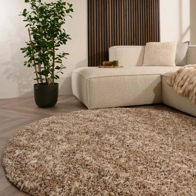 Tapeso Rond hoogpolig vloerkleed - Blend beige 80