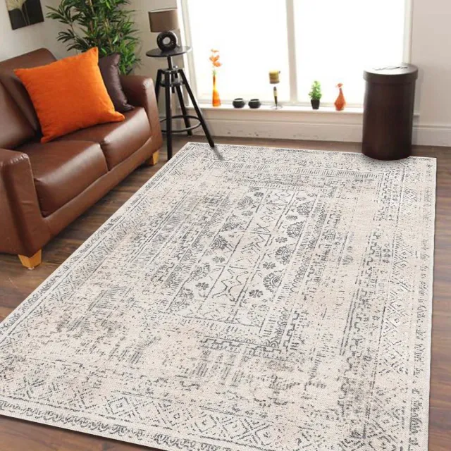 Bamyum Duncan Bedrukte Tapijt Chenille-Print Machinaal Gemaakt 160 x 230 cm, Wasbare Beige Vintage Tapijt, Antibacterieel Anti-Slip Keukentapijt