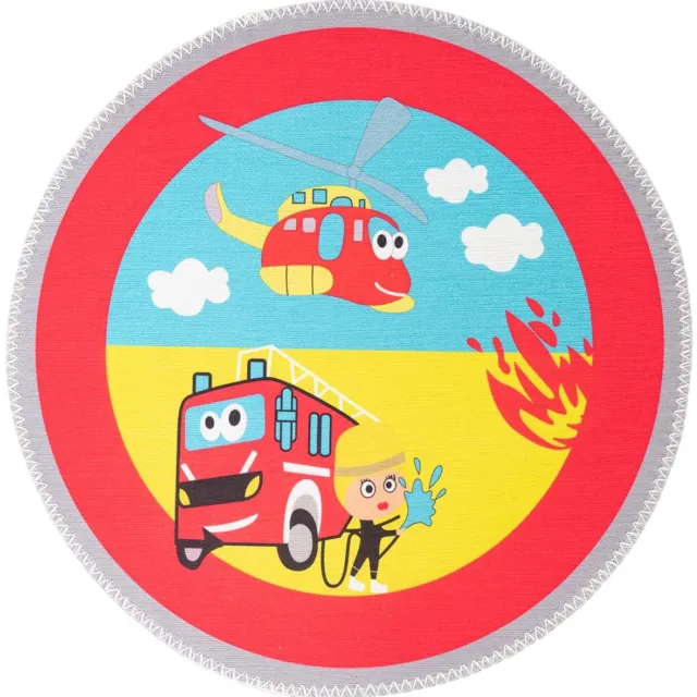 Padiro rond speels kindervloerkleed Ø 160 cm - bordeaux - speels kindermotief - met brandweermotief - voor vloerverwarming - van polyester en katoen
