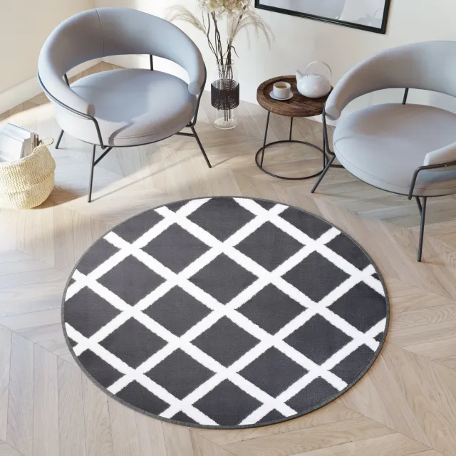 Tapiso Luxury Rond Vloerkleed Geometrisch Woonkamer Tapijt Donkergrijs Wit