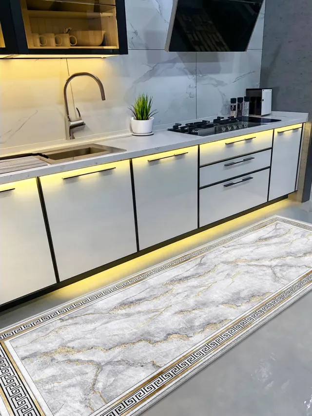 De Groen Home Vloerkleed 65x180cm - NATURA COLLECTIE Marmer patroon - Keukenloper - Deurmat binnen - Halloper - Wasbaar Antislip Zacht Tapijt Grijs
