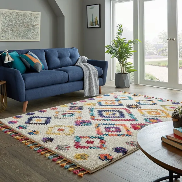 flycarpets Kleurrijk Vloerkleed - Bohemia - Laagpolig - Franjes - Creme - 200x290 cm Multi
