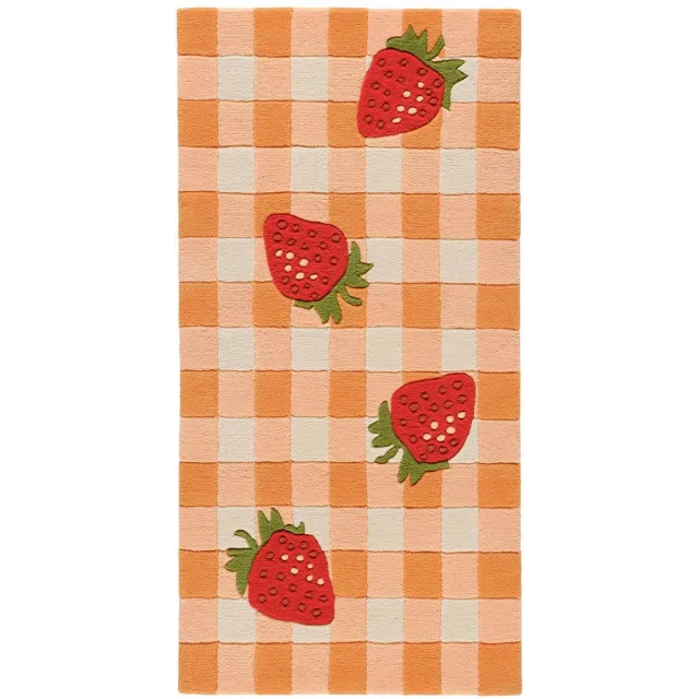 Padiro speels kindervloerkleed 70 x 140 cm - bordeaux - geometrisch ruiten- en blokkenpatroon - met aardbeienmotief - voor vloerverwarming - van modacryl, polyester en katoen rood
