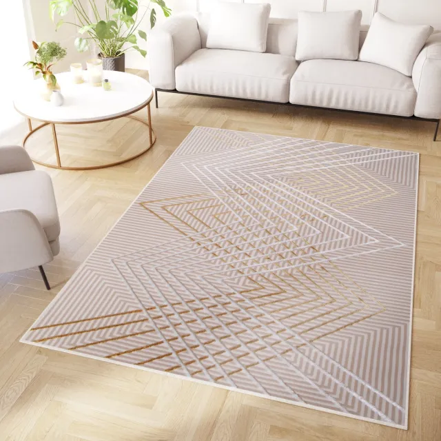 Tapiso Crystal Vloerkleed Creme Zigzag 3D Effect Laagpolig Tapijt Goudkleur 3