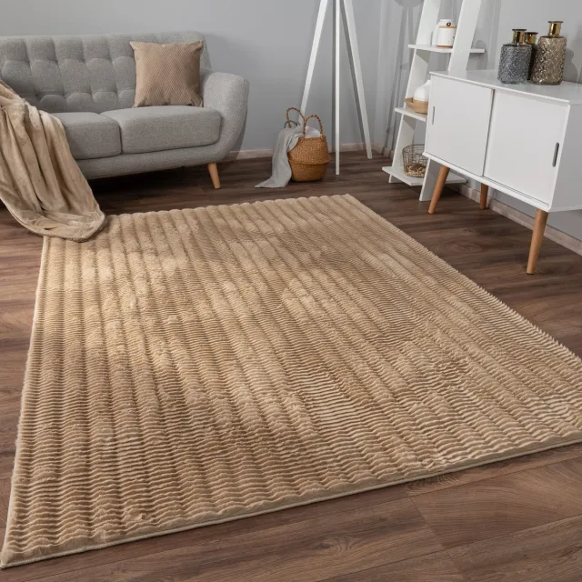 flycarpets Zacht fluffy vloerkleed - Arinzo Stripes Beige - Hoogpolig Tapijt Woonkamer / Slaapkamer / Kinderkamer