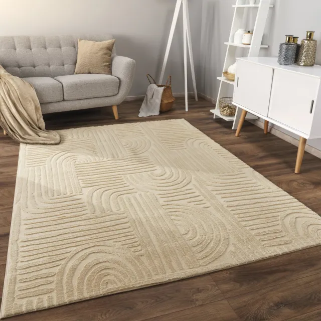 flycarpets Zacht Japandi vloerkleed - Lely Fluffy Beige - 120x160 cm - Laagpolig Tapijt Woonkamer / Slaapkamer / Kinderkamer