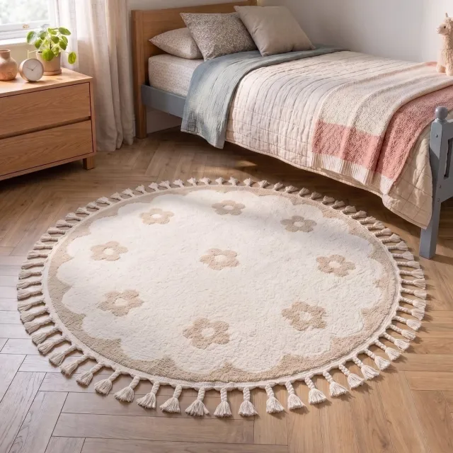 Little Olly Rond wasbaar kindervloerkleed - Moos Flower Creme - Ø 160cm Crème