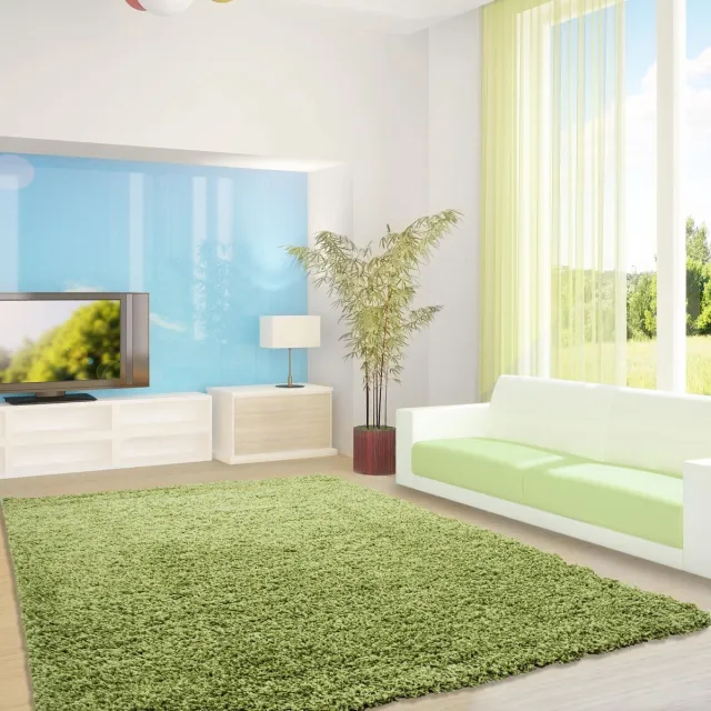 Adana Carpets Hoogpolig vloerkleed, effen kleur - effen groen, vloerkleed voor de woonkamer, jute achterkant, afmeting: 80 x 250 cm