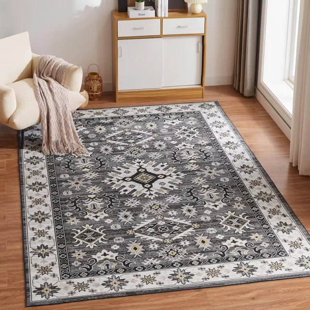 Unyqoos ® Zacht en Wasbaar Vintage Tapijt voor Woonkamer en Slaapkamer, Antislip, Laagpolig, 80 x 150 cm, Grijs