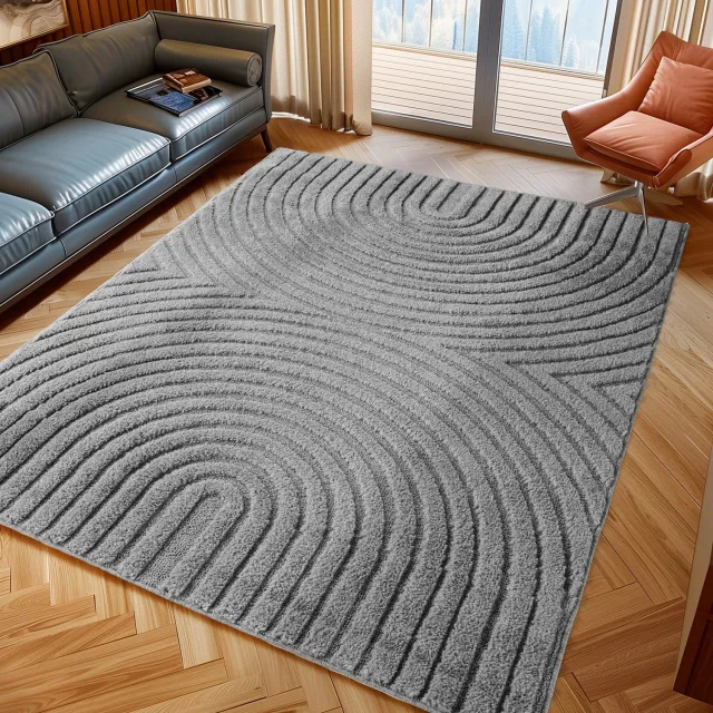 Moonay Kiyaro Arco Vloerkleed Grijs 200 x 290 cm - Japandi Scandinavisch - Lijnen en Bogen - Hoog- en Laagpolig 3D