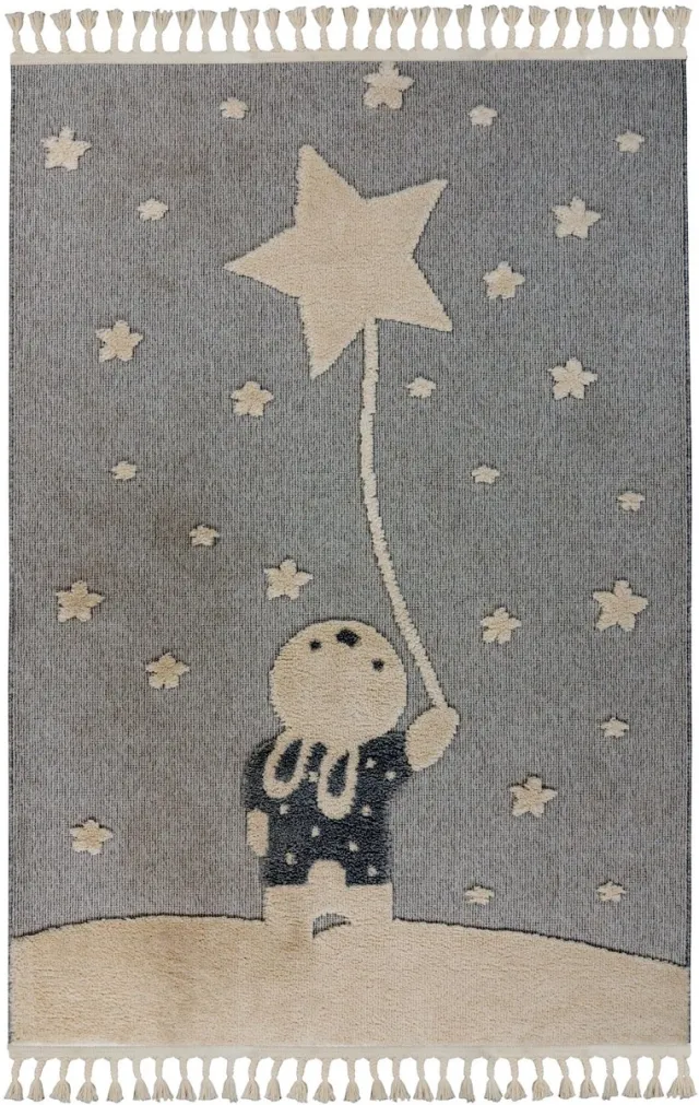 Padiro speels kindervloerkleed 160 x 230 cm - lichtbeige - speels kindermotief - met konijnen- en sterrenmotief - van polypropyleen
