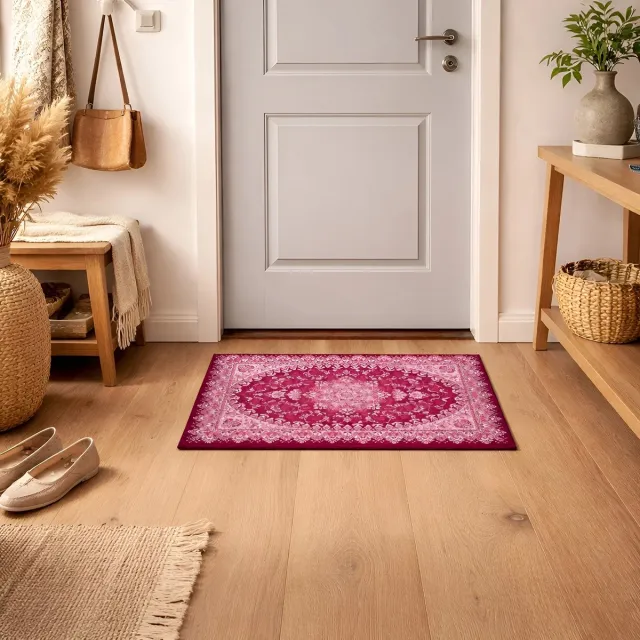 Lavandoux Vintage Tapijt Deurmat Rabat voor Binnen, 50 x 80 cm, Bordeauxrood en Roze | Deurmat Binnen | Deurmat met Print | Schoonloopmat | Persische Deurmat | Entree Mat | Perzie