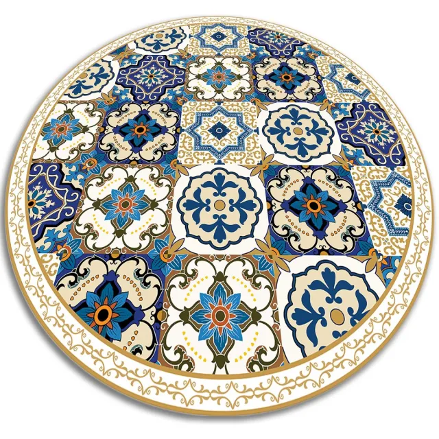TULUP Vinyl Tapijt - Portugese tegels Tapijt Vinyl - 140 cm - Blauw Vinyl Vloerkleed - Ronde Binnen Tapijt - Woonkamertapijt - Kantoortapijt Blauw en Geel Portugese tegels