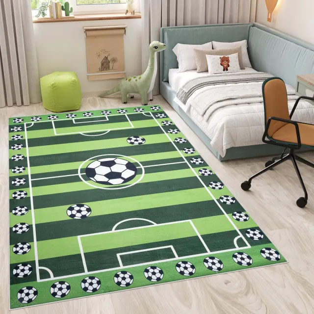 Tapiso Flannel Printed Kindertapijt Antislip Voetbalveld Kinderkamer Vloerkleed Maat- 120x170 Groen