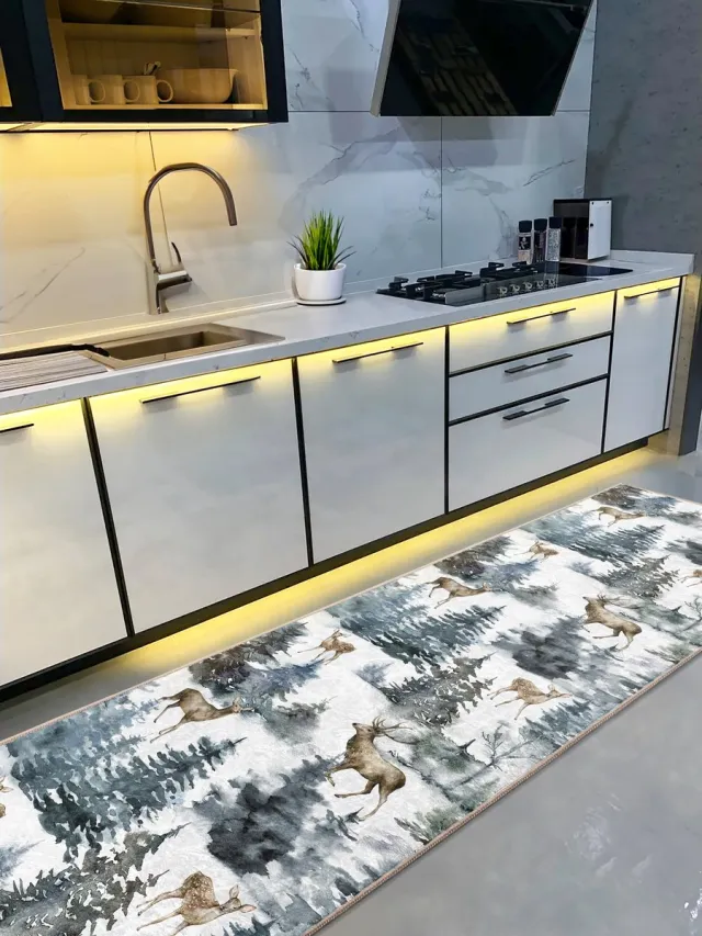 De Groen Home Vloerkleed 65x180cm - Kerst pijnboom - Keukenloper - Halloper - Keukenmat - Wasbaar Antislip Grijs