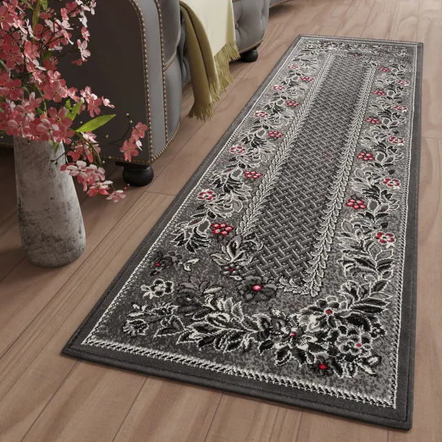 Tapiso Dream Tapijt Loper Woonkamer Slaapkamer Donkergrijs Modern Bloemenprint Interieur Design Duurzaam Woonsfeer Hoogwaardig