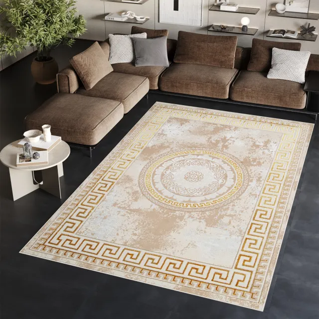 Tapiso Ares Vloerkleed Creme Frame Laagpolig Oriental Woonkamer Tapijt Maat- 180x250 Goud