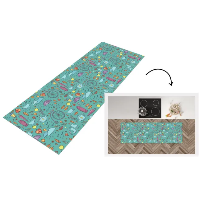 KitchenYeah Keukenloper - Loper keuken - Herfst - Patroon - Fiets - Regen - 150x50 cm - Keukenloper vinyl Multicolor