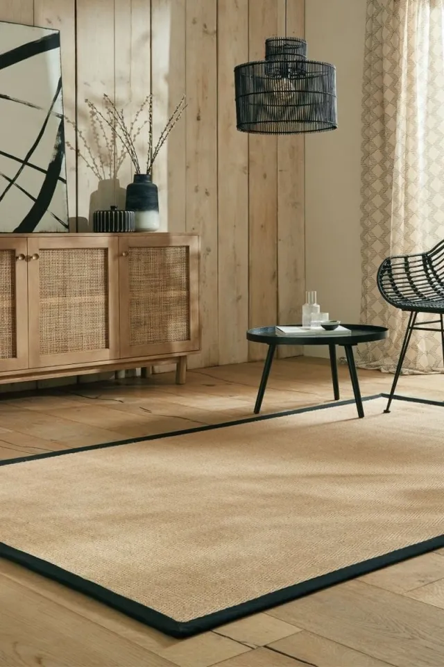 flycarpets Kira Modern Jute - Laagpolig - Visgraatpatroon Vloerkleed - Naturel / Zwart - 160x230 cm