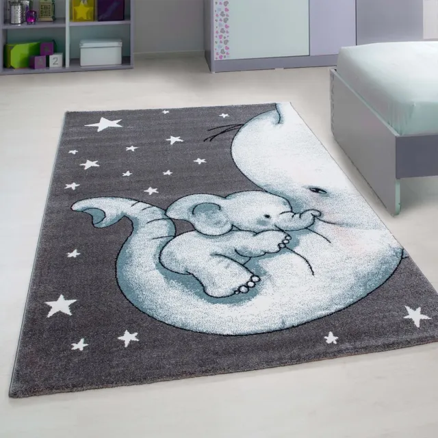 Ayyildiz Kinderkleed met olifantenmotief, blauw, kinderkamerkleed, jute achterkant BLUE