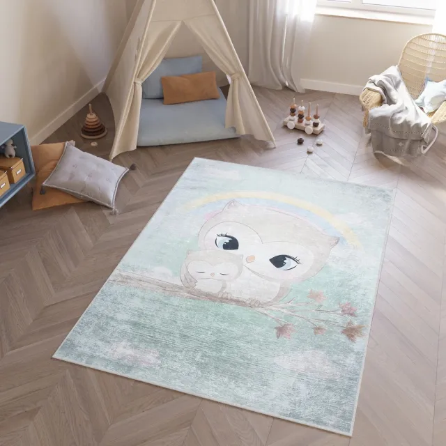 Tapiso Emma Vloerkleed Uil Blauw Kinderkamer Tapijt Maat- 80x150 Grijs 5