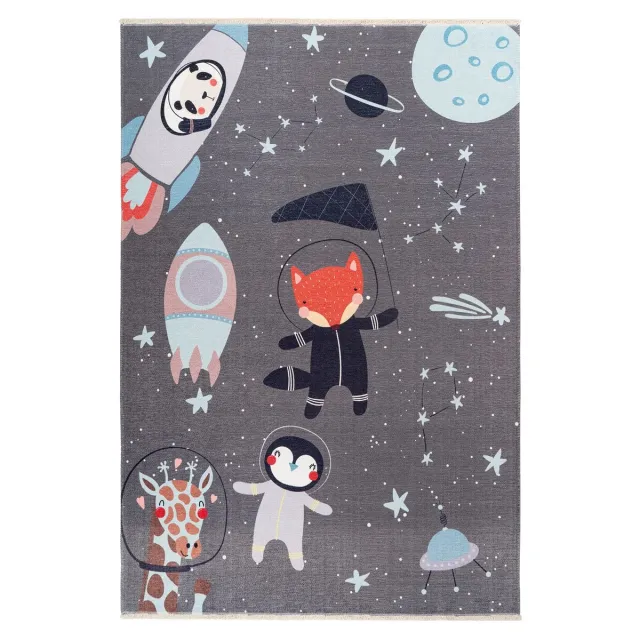 Padiro speels kindervloerkleed 115 x 170 cm - donkergrijs - speels kindermotief - met dieren-astronautenmotief - van katoen en polyester
