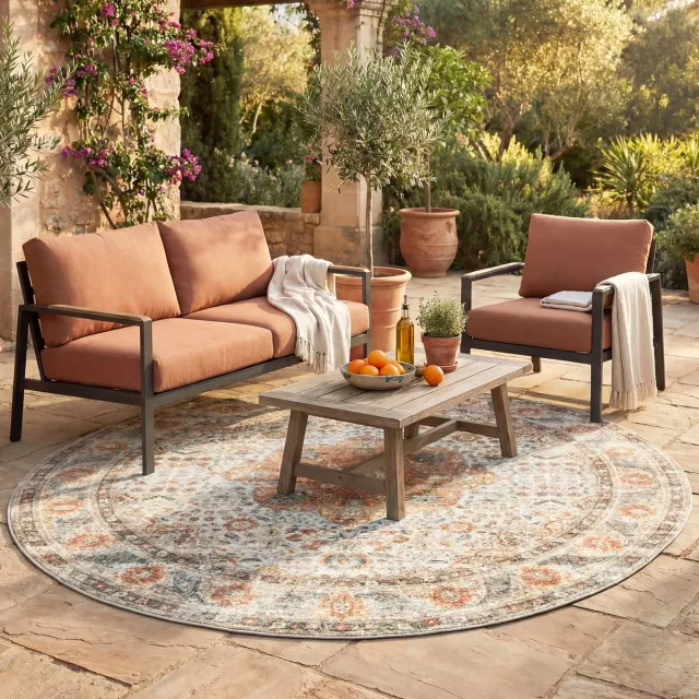 Fraai Rond binnen- en buitenkleed - Kairo Medaillon Creme/Meerkleurig - Ø 100cm Crème