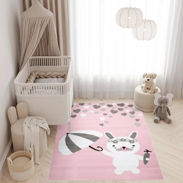 Tapiso Pinky Vloerkleed Roze Wit Grijs Konijn Kinderkamer Tapijt