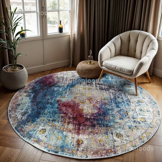 Muratap Picasso Heriz Vintage Rond Vloerkleed Multi / Blauw Laagpolig- 300 CM Ø Multikleur