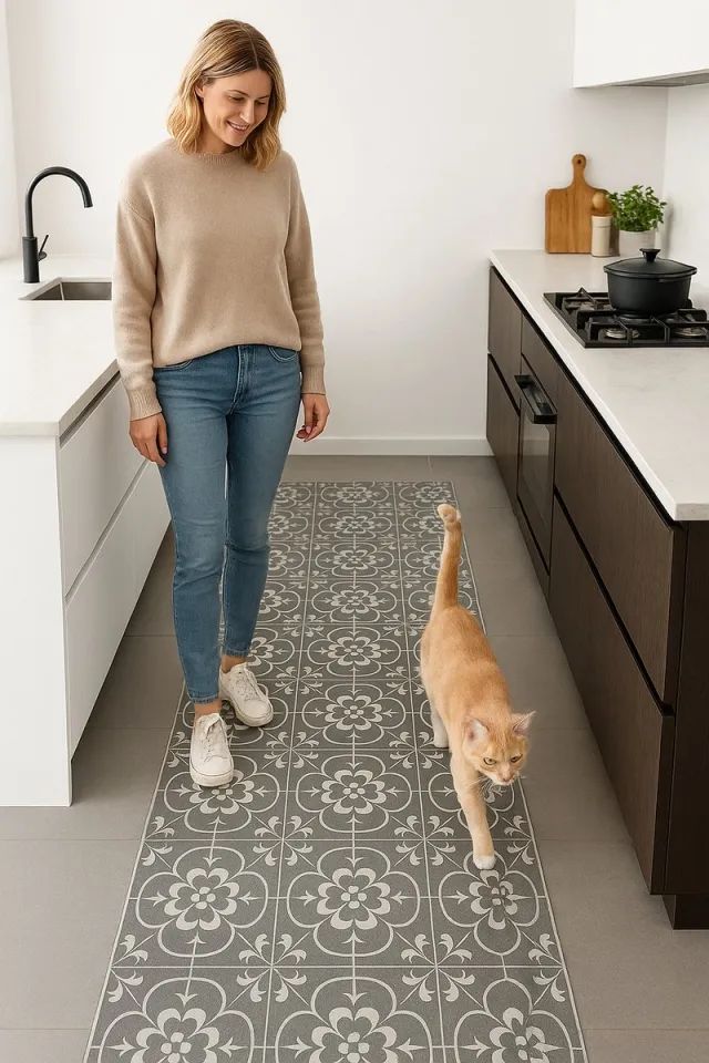 JYG RENAIX vinyl tapijtloper 60x160cm - afwasbaar - antislip - keukenloper Grijs