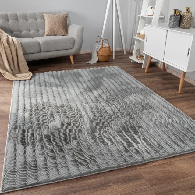 flycarpets Zacht fluffy vloerkleed - Arinzo Stripes Grijs - 80x150 cm - Hoogpolig Tapijt Gang / Slaapkamer / Kinderkamer