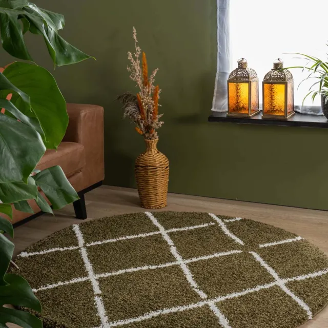 Boho&me Rond hoogpolig vloerkleed ruiten Artisan - olijfgroen/wit 80
