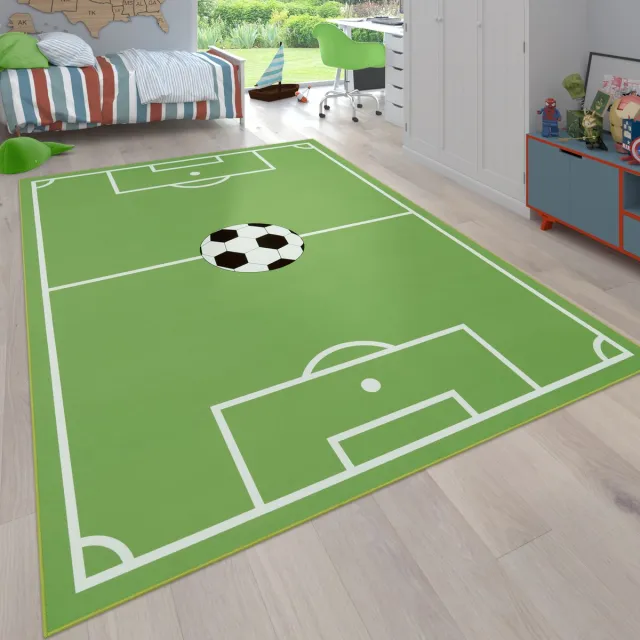 flycarpets Binola Kindervloerkleed Groen / Wit - Speelkleed / Speelmat Voetbal / Voetbalveld - Laagpolig Vloerkleed Kinderkamer