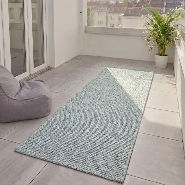 Famanu Basic in- & outdoor vloerkleed Iowa, blauw, 80x250 cm, boho jute-look, weerbestendig voor balkon, terras en tuin