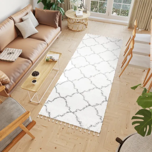 Tapiso Boho Loper Lichtbeige Trellis Hoogpolig Kwastjes Woonkamer Vloerkleed Beige Grijs
