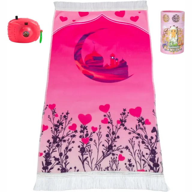 Firaset Islamitische Gebedsgeschenkset voor Kinderen – Zacht Fluwelen Gebedskleed, Tasbih, Speelgoedcamera & Spaarpot | Moslim Sajadah – Roze