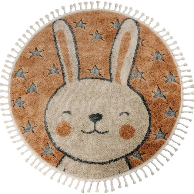 Padiro rond speels kindervloerkleed Ø 133 cm - donkerbeige - speels kindermotief - met hazenmotief - van polypropyleen