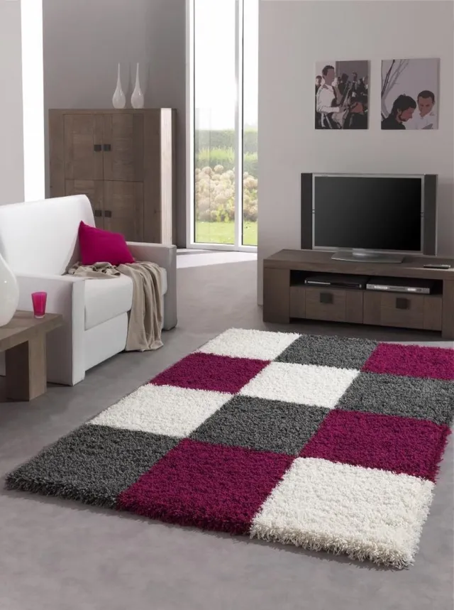 Merinos Shaggy Plus 910 vloerkleed – hoogpolig met blokkenpatroon – Paars – 200 x 290 cm