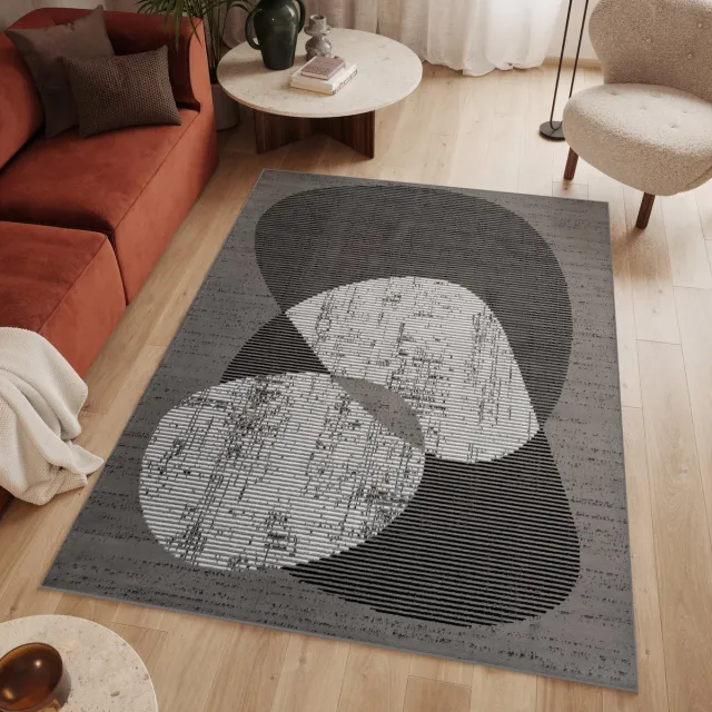 Tapiso Luxury Vloerkleed Grijs Laagpolig Woonkamer Abstract Slaapkamer Tapijt Grijs Cirkels