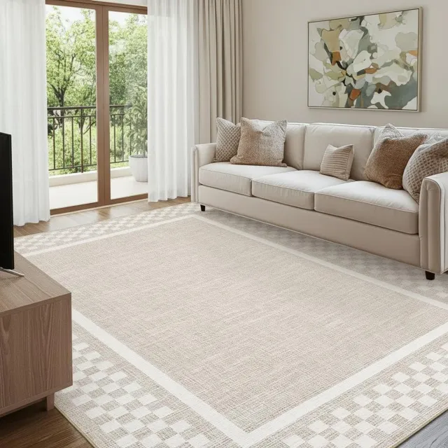 Triumpunpre Washbaar Vloerkleed - Opvouwbaar Printtapijt met schaakbordpatroon en rand met Antislip TPR Onderkant - Beige 240 x 340 cm