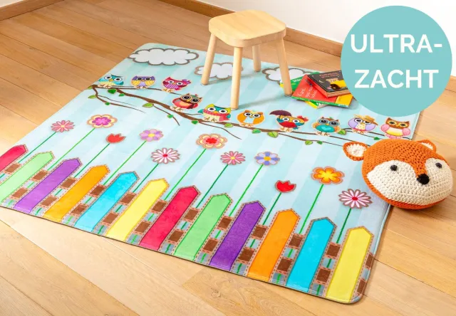 Mats & Joy Uiltjes op stok Kindertapijt 130x130cm - Ultrazacht - Anti-slip - Wasbaar - Tapijt Kinderkamer / Tapijt Kinderen / Mat Kinderkamer / Kindermat / Vloerkleed Kinderkamer Uil / Speelmat / Speeltapijt / Speelkleed / Baby / Peuter blauw