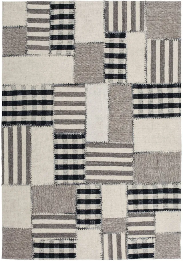 Padiro designvloerkleed - lichtgrijs - patchworkontwerp - met handgeborduurde rechthoeken, strepen en ruitpatronen in patchworkstijl - van wol en katoen