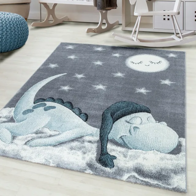 Ayyildiz Kinderkleed met dinosaurusprint, blauw, kinderkamerkleed, jute achterkant