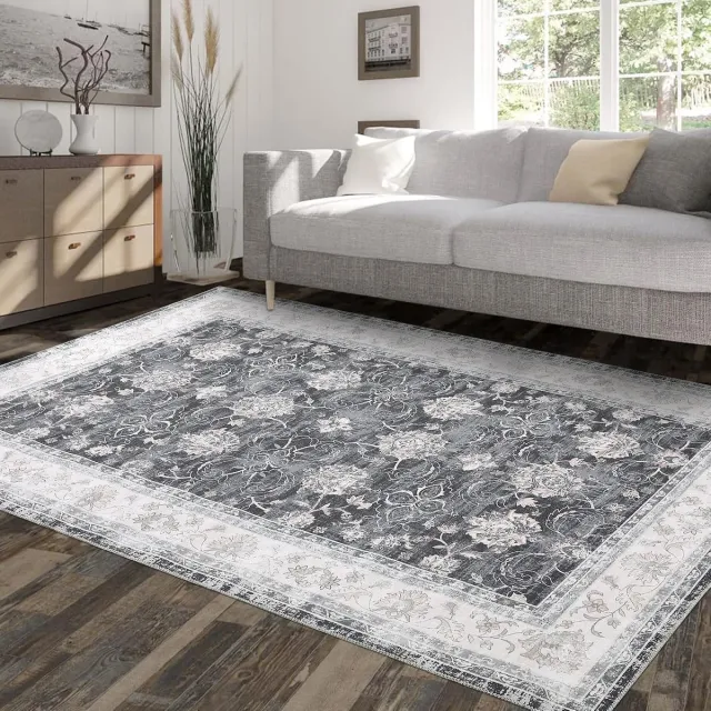 Triumpunpre Vintage Vloerkleed - Wasbaar Antislip Medaillon Motief - Zwart - 160x230 cm