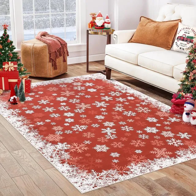 Danky Kerst Vloerkleed Romantische Sneeuwvlokken 140x200 cm Rood - Opvouwbaar Zacht Poolkleed met Antislip Onderkant