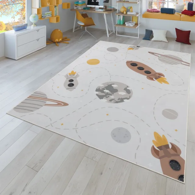 TT Home Kinderkamertapijt tapijt kinderkamertapijt antislip planeten sterren raketten 160 x 220 cm Rond 160 x 220 cm Rond beige
