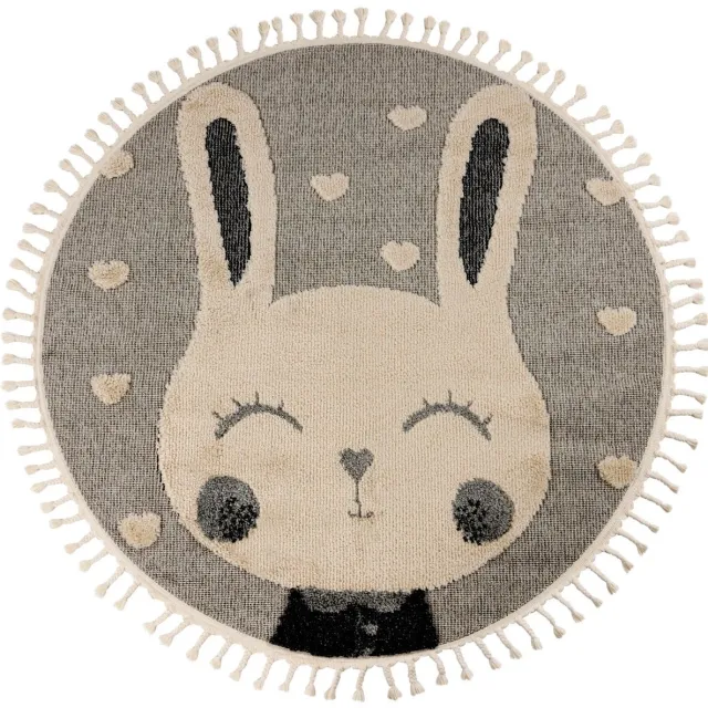 Padiro rond speels kindervloerkleed Ø 133 cm - lichtgrijs - speels kindermotief - met hazenmotief - van polypropyleen