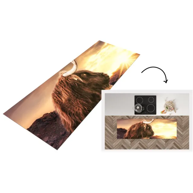 KitchenYeah Keukenloper - Loper keuken - Schotse hooglander - Zon - Silhouette - Keukenloper vinyl Multicolor