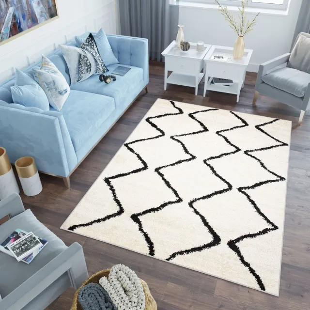 Tapiso Delhi Vloerkleed Hoogpolig Slaapkamer Modern Tapijt Beige Zwart 2